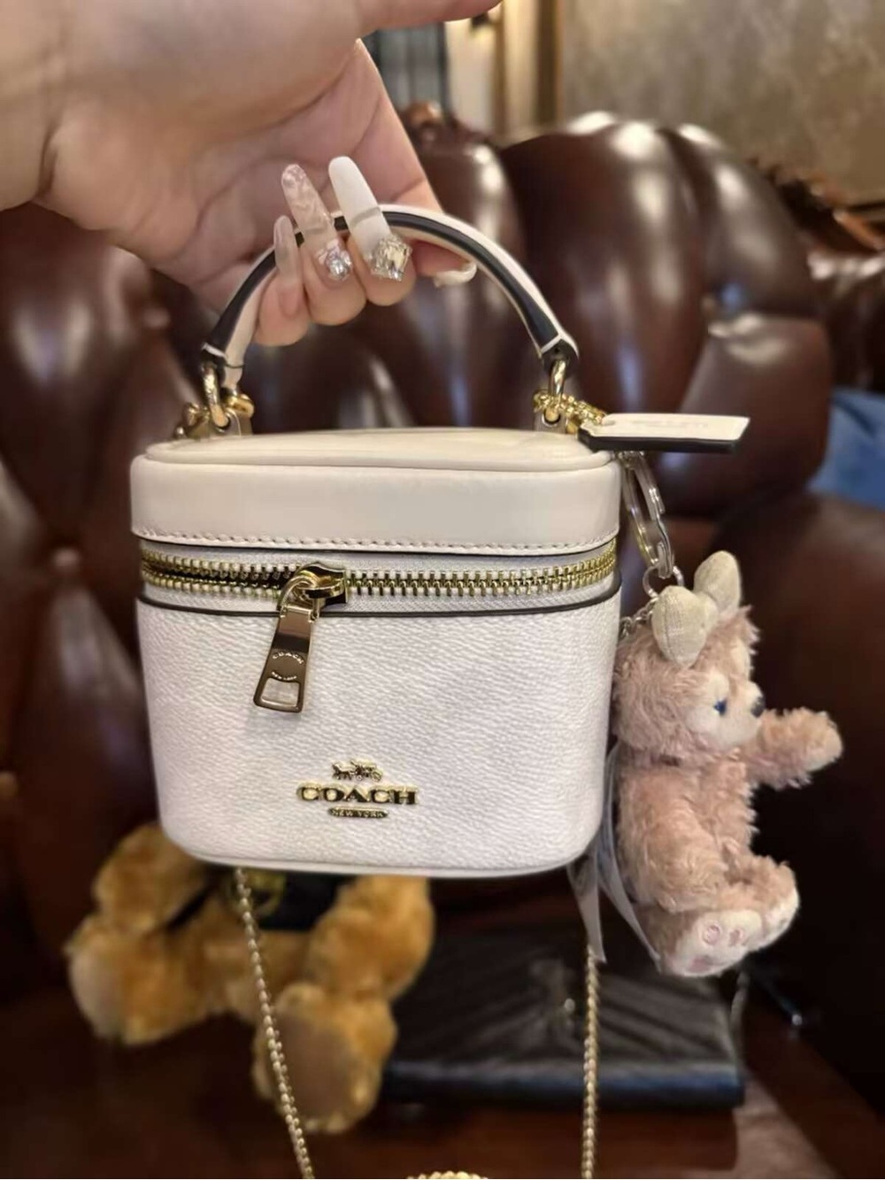 Coach Cream Mini Vanity Bag with Gold Hardware and Plush Bear Charm